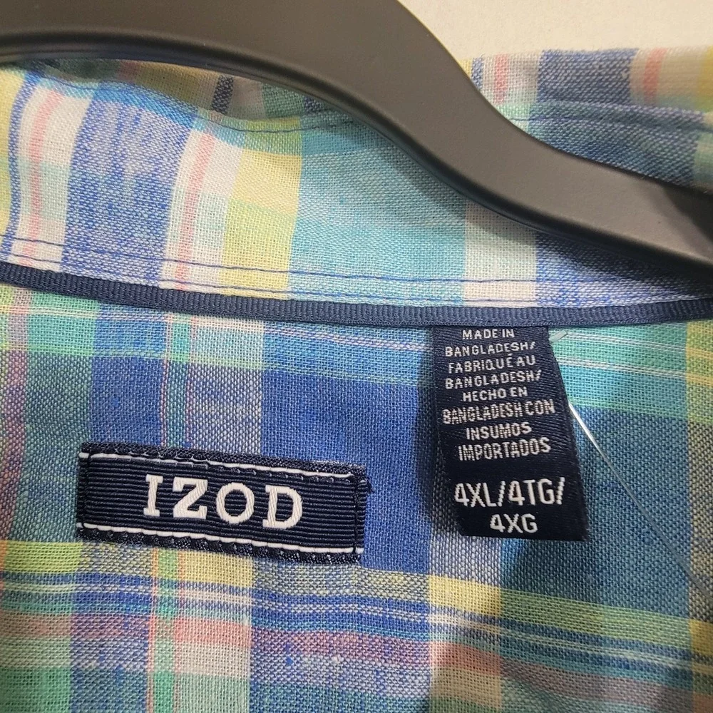 NEW Izod Mens 4XB Madras Woven Florida Key S/S Button Down Multi Plaid Linen Ble